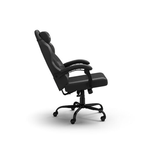 Chaise de bureau ergonomique noire avec accoudoirs et pieds à roulettes.