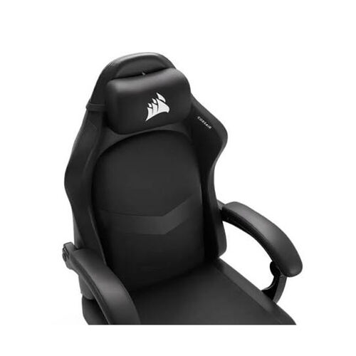 Siège de gaming Corsair noir avec un repose-tête arborant le logo de la marque en blanc.