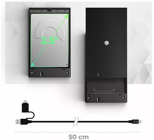 Support de disque dur 2,5 pouces noir et câble USB de 50 cm.