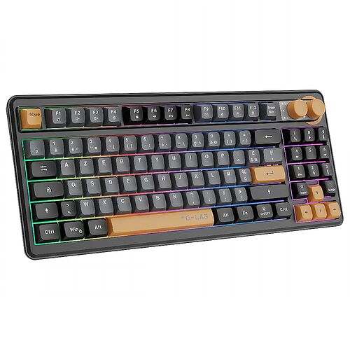 Clavier mécanique rétroéclairé de marque G-LAB avec touches noires et touches de fonction et fléchées de couleur beige.