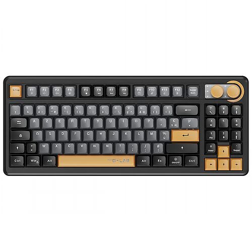 Clavier mécanique G-LAB de couleur noire avec touches de couleur beige et jaune, disposant d'un pavé numérique.