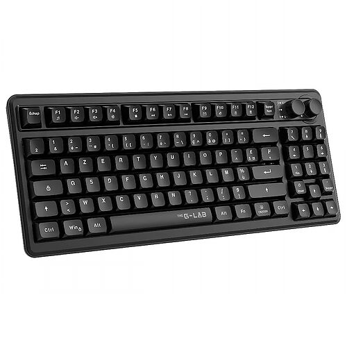Clavier mécanique noir de la marque G-LAB avec touches rétroéclairées et molette de contrôle sur le côté supérieur droit.