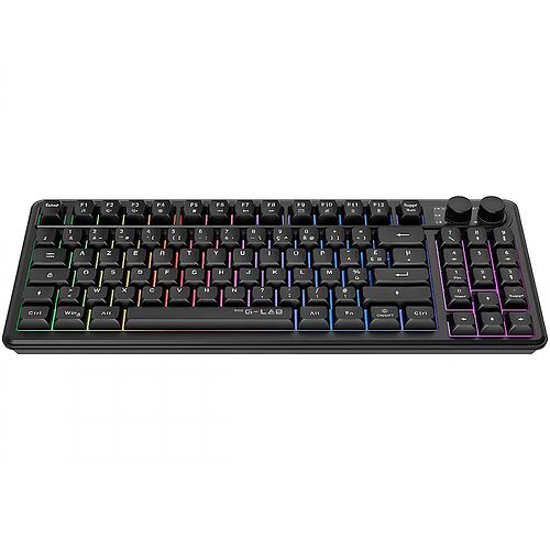 Clavier gamer rétroéclairé RGB de la marque G-LAB avec touches mécaniques et pavé numérique.
