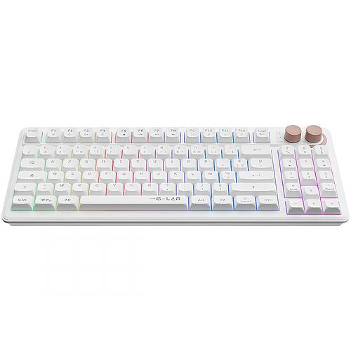 Clavier mécanique blanc avec rétroéclairage RGB et une molette de contrôle en haut à droite.
