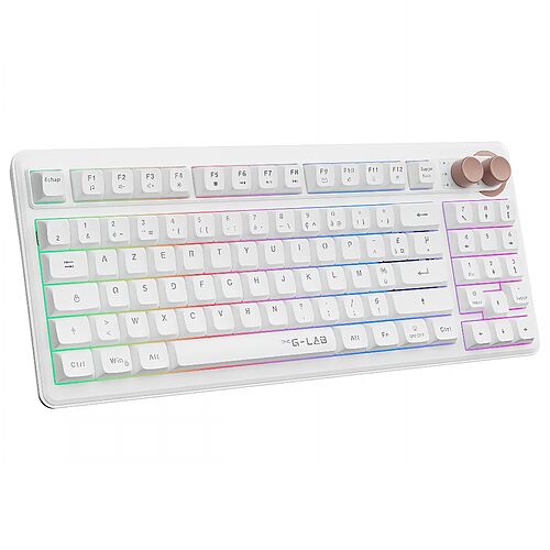 Clavier mécanique blanc de la marque G-LAB avec rétroéclairage RGB multicolore et une molette de réglage sur le côté droit.