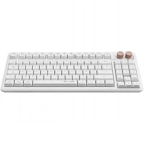 Clavier mécanique compact de marque G-LAB de couleur blanche, doté d'un bouton de contrôle rotatif sur le côté droit.