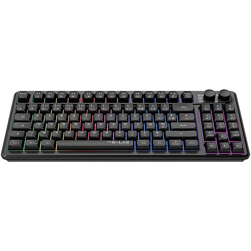 Clavier mécanique gamer rétroéclairé RGB de marque The G-Lab, avec touches noires et éclairage multicolore.