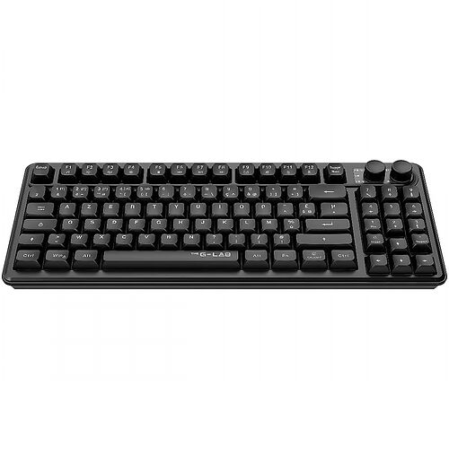 Clavier mécanique noir avec touches rétroéclairées et une molette de contrôle sur le côté supérieur droit.
