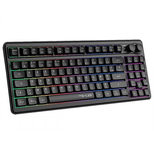 Clavier gaming rétroéclairé RGB de la marque G-LAB avec touches mécaniques et pavé numérique.