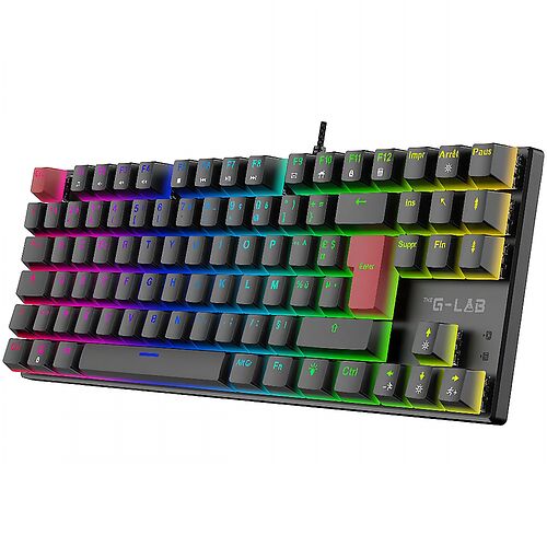 Clavier mécanique gamer G-LAB avec rétroéclairage RGB multicolore et touches noires.