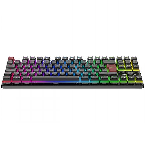 Clavier mécanique rétroéclairé avec touches colorées en dégradé de couleurs arc-en-ciel sur fond noir.