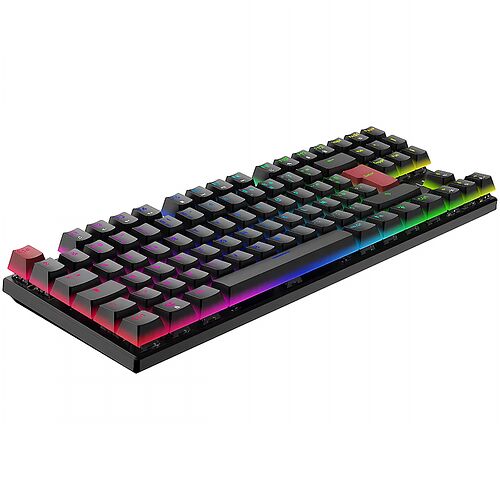 Clavier mécanique gamer avec rétroéclairage RGB multicolore sur touches noires.