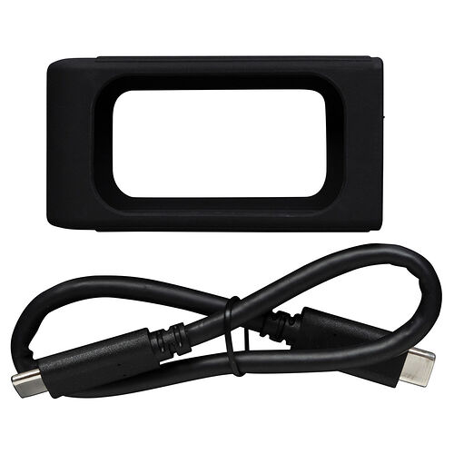 Un cadre de montage noir rectangulaire accompagné d'un câble USB noir.