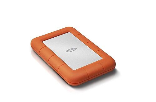 Disque dur externe LaCie avec une coque de protection orange et une face avant grise.