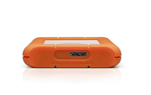 Un boîtier de protection orange pour disque dur externe, avec un port USB-C visible sur le dessus.