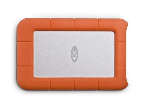 Disque dur externe LaCie avec une coque de protection orange robuste.