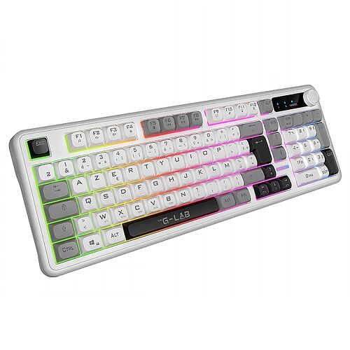 Clavier mécanique G-LAB avec rétroéclairage RGB multicolore et touches grises et blanches.