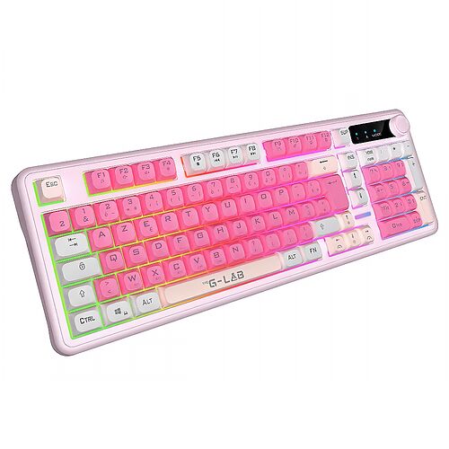 Clavier mécanique G-Lab de couleur rose avec un rétroéclairage RGB multicolore. Les touches sont roses et blanches, offrant un design gamer esthétique.