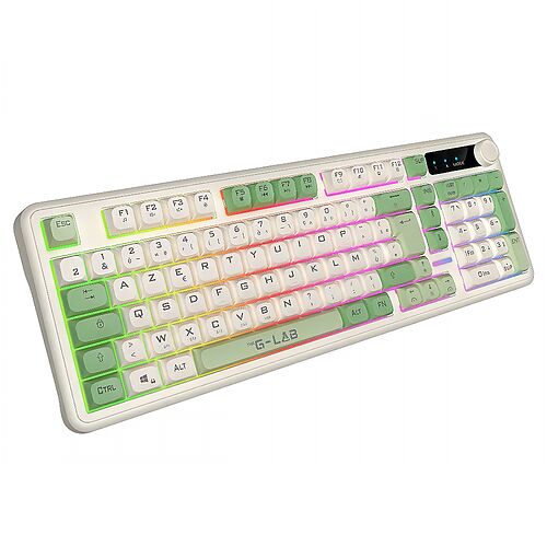 Clavier mécanique G-LAB de couleur blanc cassé avec des touches vertes et un rétroéclairage multicolore.