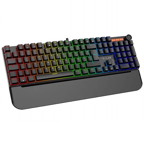 Clavier gamer G-LAB avec rétroéclairage multicolore et repose-poignet intégré noir.
