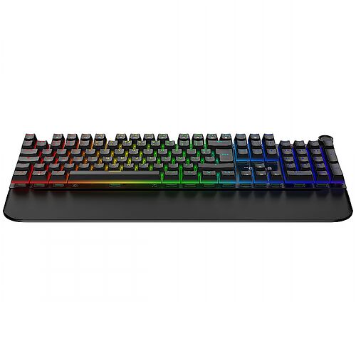 Clavier gaming rétroéclairé avec touches mécaniques et éclairage RGB multicolore sur un support noir.