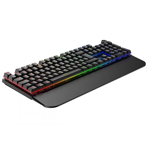 Clavier gamer mécanique rétroéclairé avec touches noires et éclairage RGB multicolore, présenté sur un tapis de souris noir.