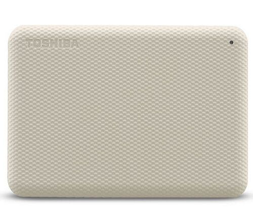 Disque dur externe beige de marque Toshiba avec une texture quadrillée sur la coque.