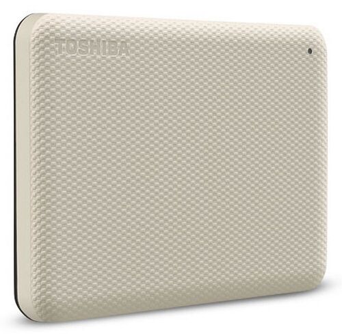 Disque dur externe beige de marque Toshiba avec une texture quadrillée sur la face avant.