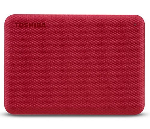 Disque dur externe rouge de marque Toshiba avec une texture quadrillée.