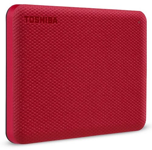 Disque dur externe rouge de la marque Toshiba avec une texture quadrillée.
