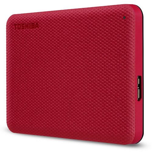Disque dur externe rouge de marque Toshiba avec une texture quadrillée sur la face avant.