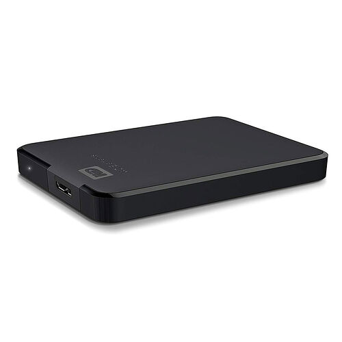 Disque dur externe noir avec un port USB visible sur le côté.