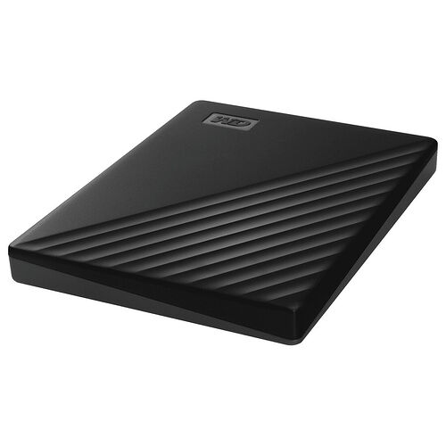 Disque dur externe Western Digital de couleur noire avec un design strié sur le dessus.