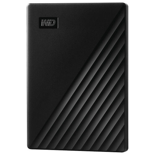 Disque dur externe noir de la marque WD avec une texture striée sur la face avant.