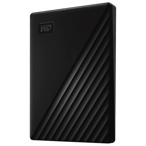 Disque dur externe noir de la marque WD avec un design strié sur la face avant.