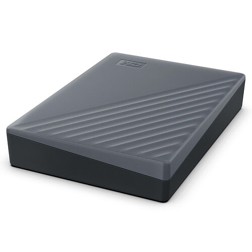 Disque dur externe Western Digital de couleur noire avec un design texturé strié sur le dessus.