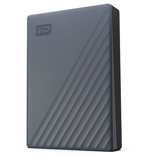 Disque dur externe WD de couleur grise avec un design strié sur la face avant.