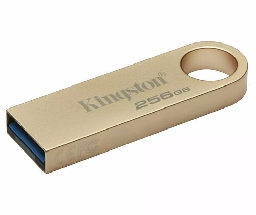 Clé USB Kingston de 256 Go de couleur dorée avec un connecteur USB bleu.