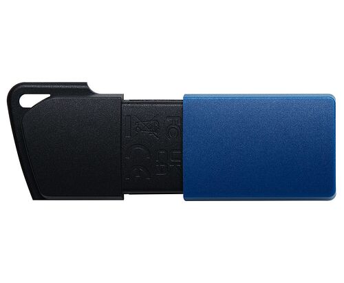 Clé USB de couleur bleue et noire avec un capuchon protecteur.