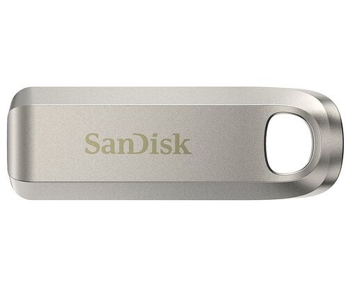 Clé USB SanDisk de couleur argentée avec un design métallique brossé et un trou pour porte-clés.