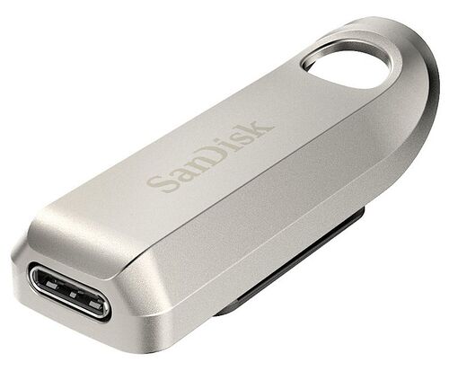 Clé USB SanDisk de couleur argentée avec un connecteur USB-C et un trou pour porte-clés.