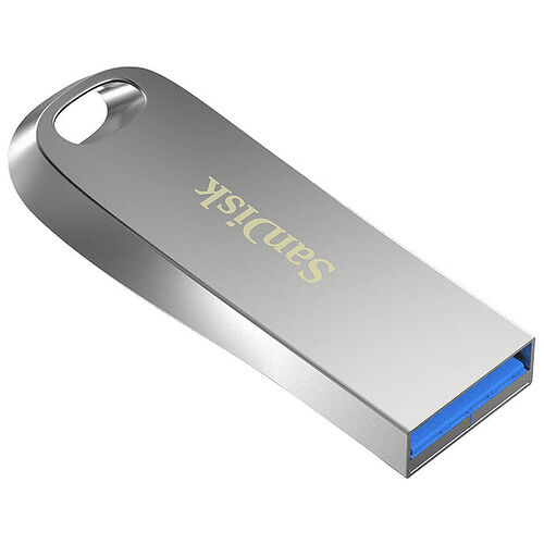 Clé USB SanDisk en métal argenté avec un connecteur USB bleu.