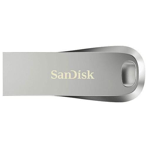 Clé USB SanDisk en métal de couleur argentée.
