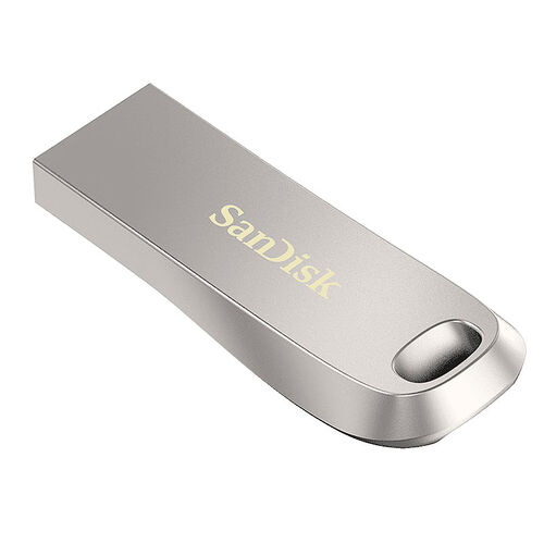 Clé USB SanDisk de couleur argentée avec un design métallique minimaliste.