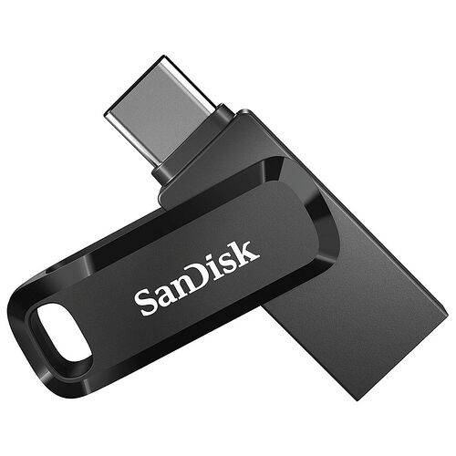 Clé USB SanDisk avec connecteur USB-C et un anneau de fixation pour porte-clés.