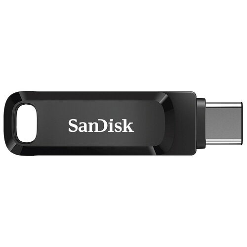 Clé USB SanDisk de couleur noire avec un design compact et un anneau de fixation.