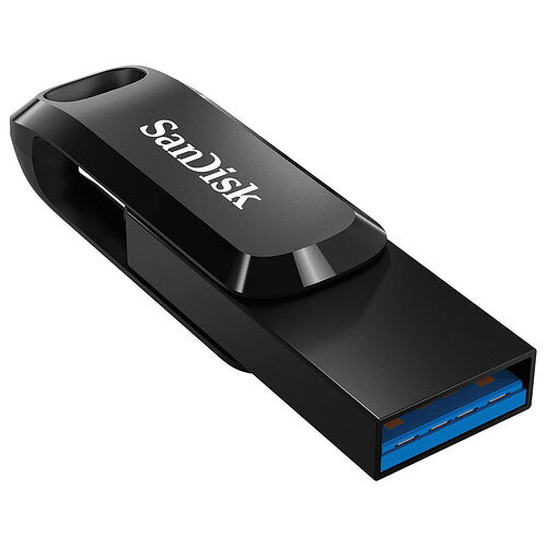 Clé USB SanDisk noire avec un capuchon protecteur et un connecteur USB bleu.