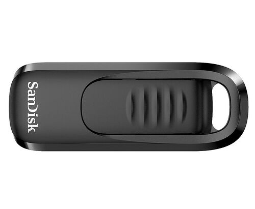 Clé USB SanDisk de couleur noire avec un capuchon coulissant.