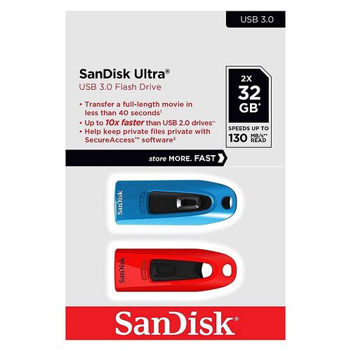 Clé USB SanDisk Ultra de 32 Go avec connecteur USB 3.0, présentée dans son emballage blanc avec deux modèles : un bleu et un rouge.