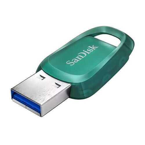 Clé USB SanDisk de couleur verte avec un connecteur USB bleu.